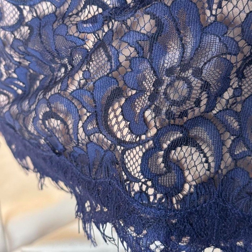 Navy Blue Floral Lace Cocktail Dress V-Neck Eyelash Hem Front Slit Wedding Guest - Picture 2 of 5